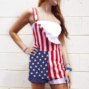 Women's Overalls USA America Flag Print Bib Pants Jumpsuit Romper Shorts